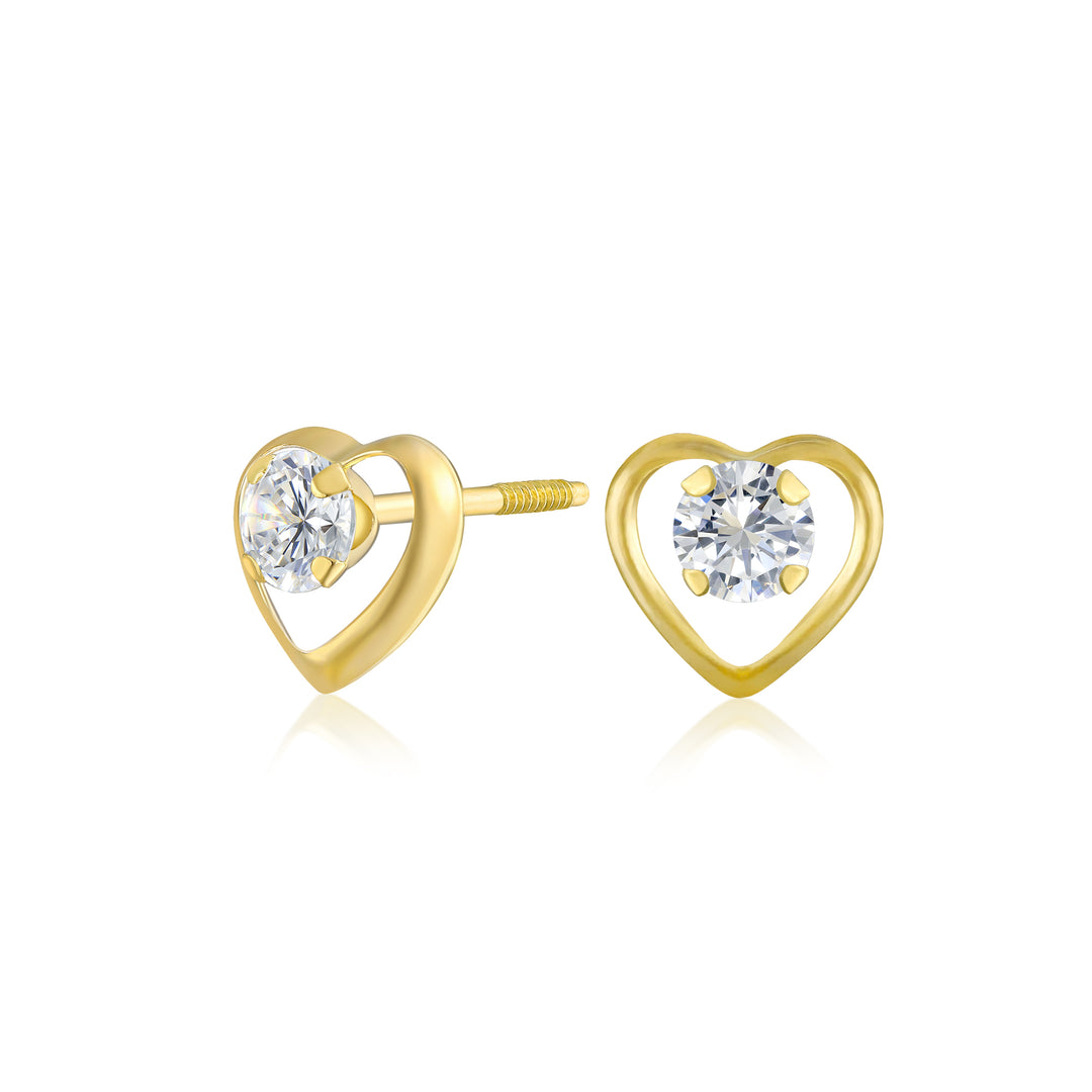 14K Yellow Gold Brilliant CZ Heart Stud Earrings