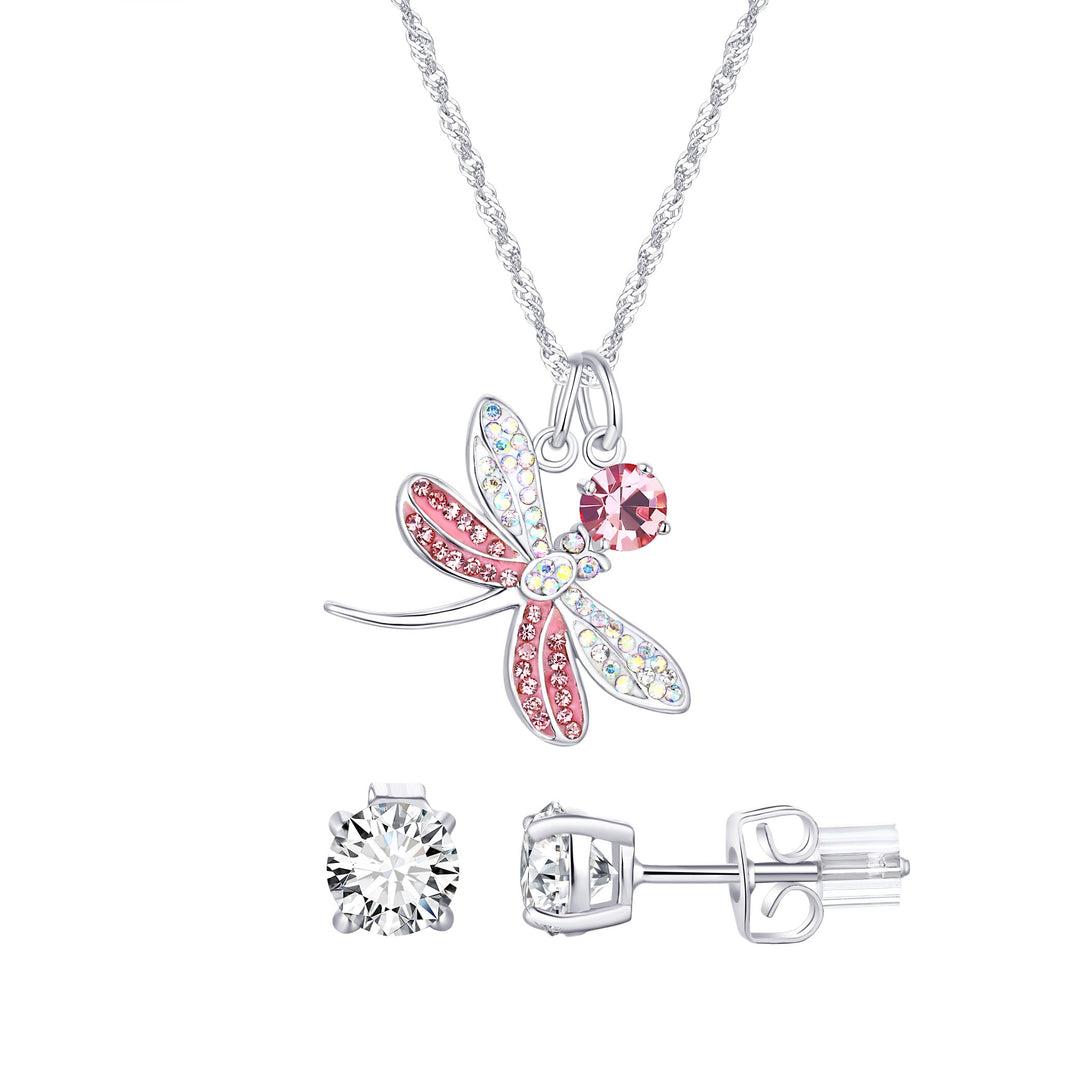 Sterling Silver Plated Brass Dragon Fly Pendant Necklace with Matching Studs set