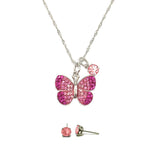 Load image into Gallery viewer, Sterling Silver Plated Brass Pink Butterfly Pendant Necklace with Matching Pink Studs set