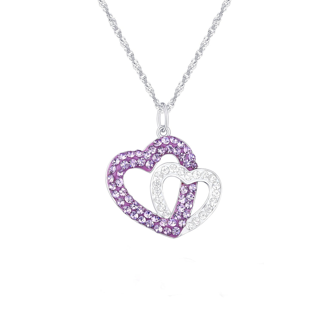 Sterling Silver Plated Brass Double Heart Pendant Necklace with Matching Brillant Studs Set