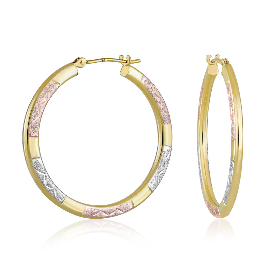 14K Tri Gold Etched Squared Hoop Earrings