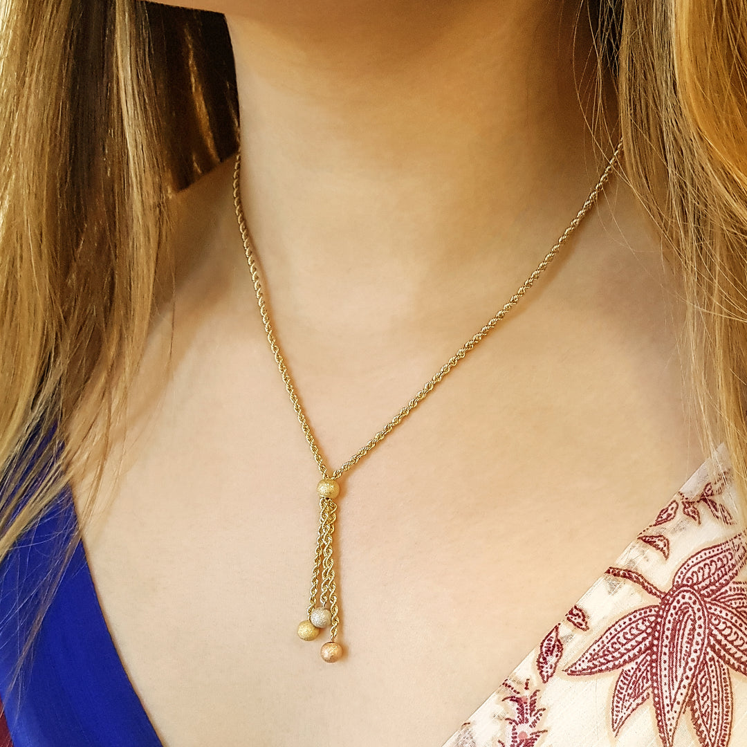14K Yellow Gold Lariat Dangle Bead Necklace