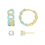 Load image into Gallery viewer, Sterling Silver Gold Plated Favorite Chain Link Blue Enamel Hoop and Stud Set