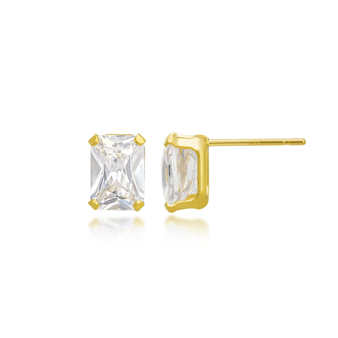 14K Yellow Gold Emerald Cut CZ Stud Earrings