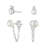 Load image into Gallery viewer, Sterling Silver Classic Fun Modern Pearl CZ and Chain Dangle Earring Set