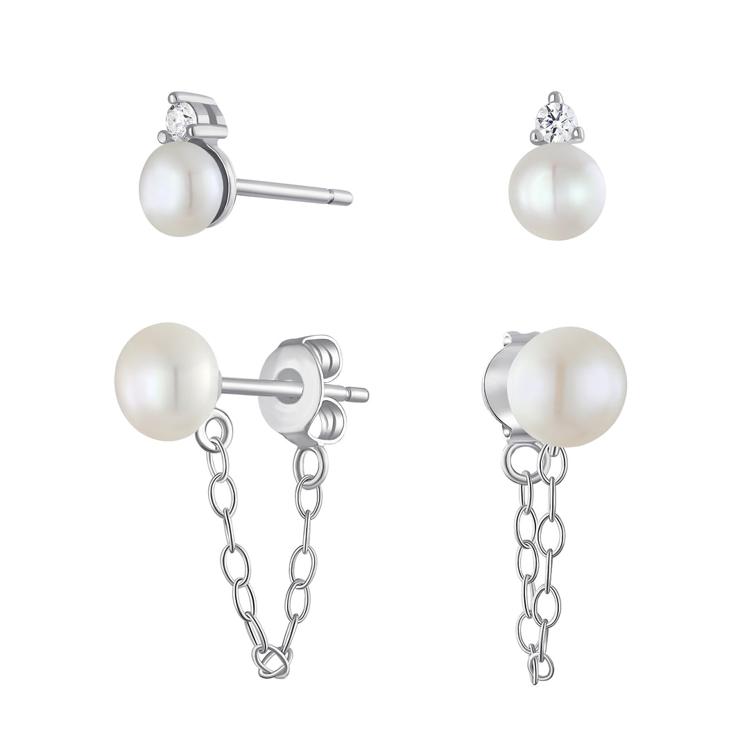 Sterling Silver Classic Fun Modern Pearl CZ and Chain Dangle Earring Set