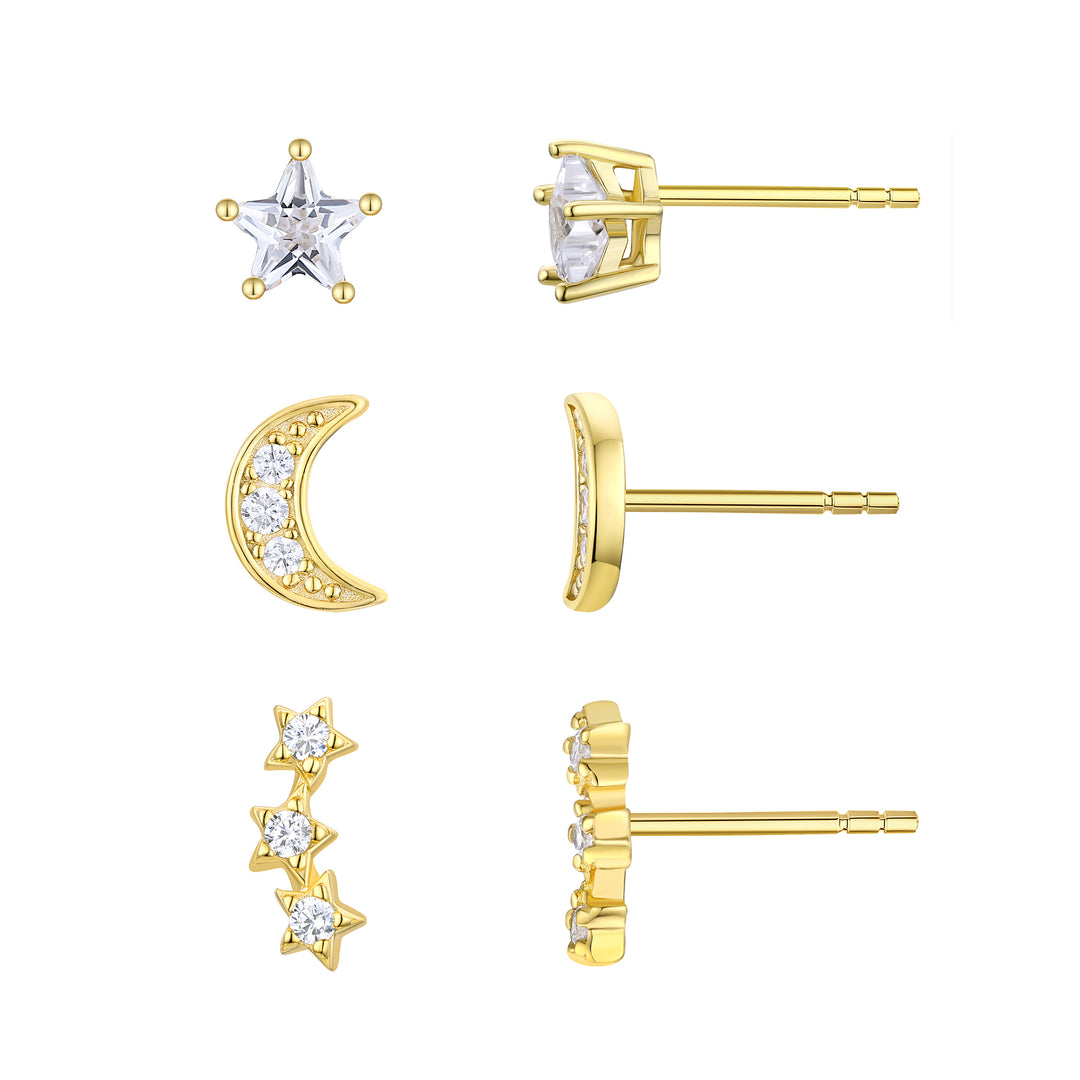 Star and Moon CZ Stud Earring Set