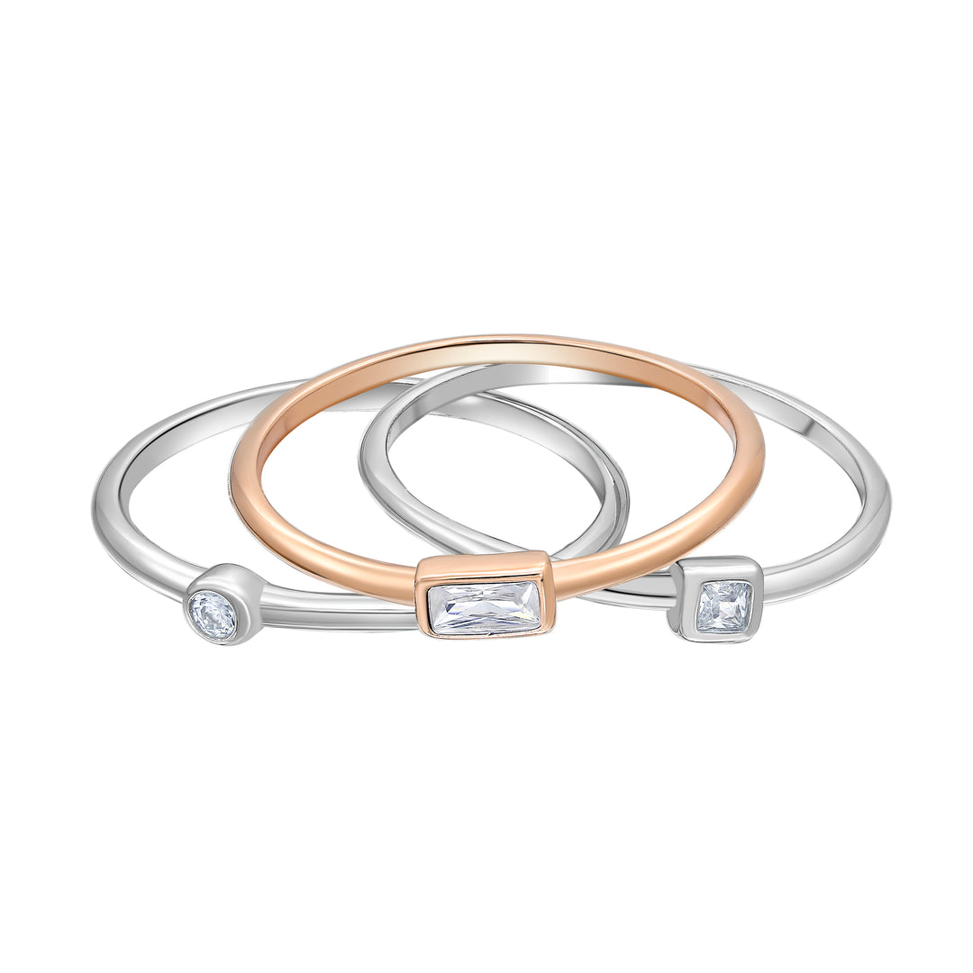 Sterling Silver Tri Tone Sparkle Accent Ring Set