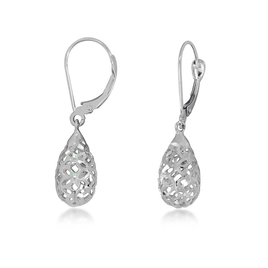 10K White Gold Oval Drop Filigree Lace Earrings