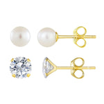 Load image into Gallery viewer, 10K Yellow Gold Round 4mm CZ and Pearl Stud Earring Set