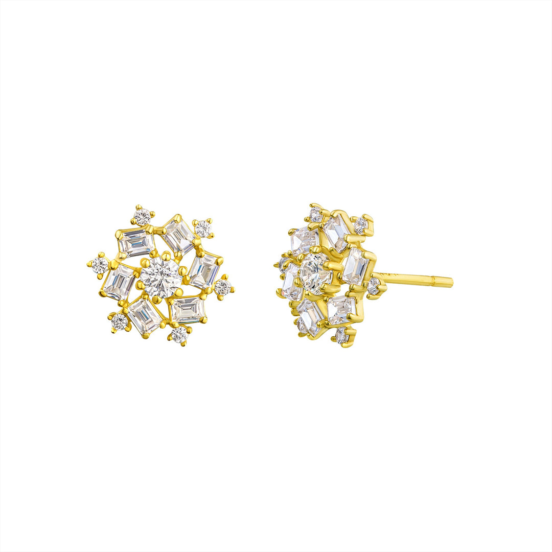 10K Yellow Gold Chaos Flower CZ Stone Cluster Stud Earrings