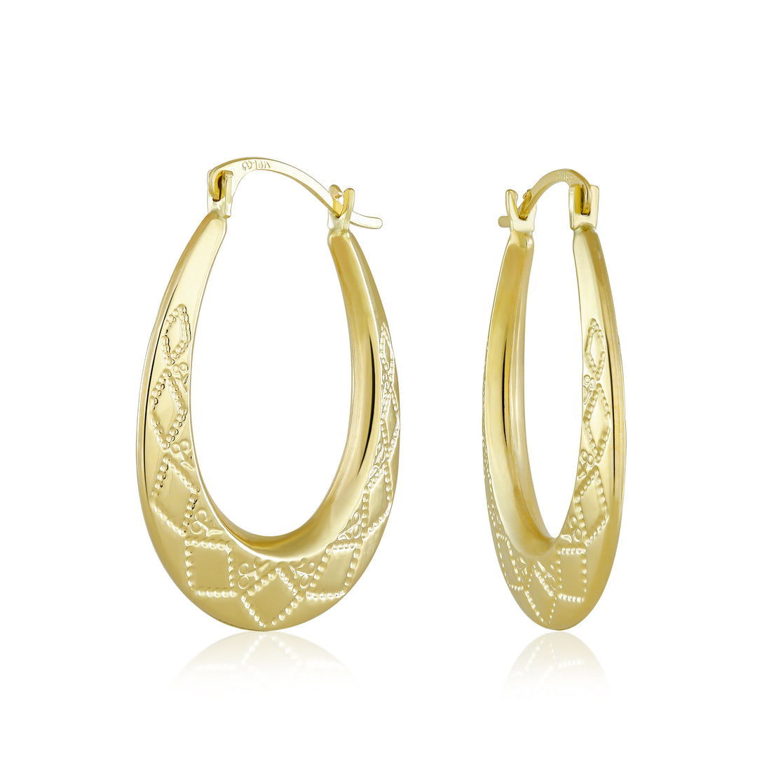 14K Yellow Gold Classic Oval Pattern Hoop Earrings