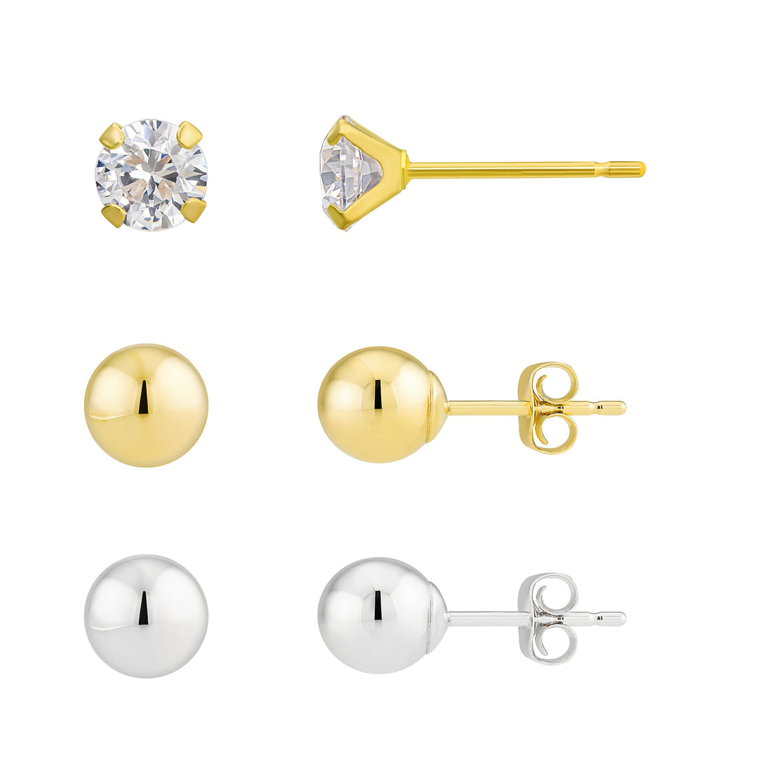 14K Yellow Gold Round Modern Stud CZ Earring Set