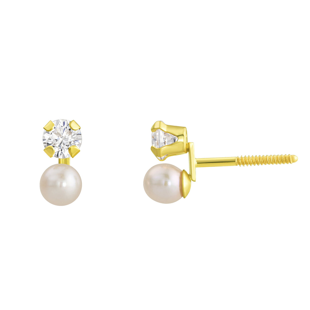 10K Yellow Gold CZ & 3mm Pearl Ear-Push Screw Earrings