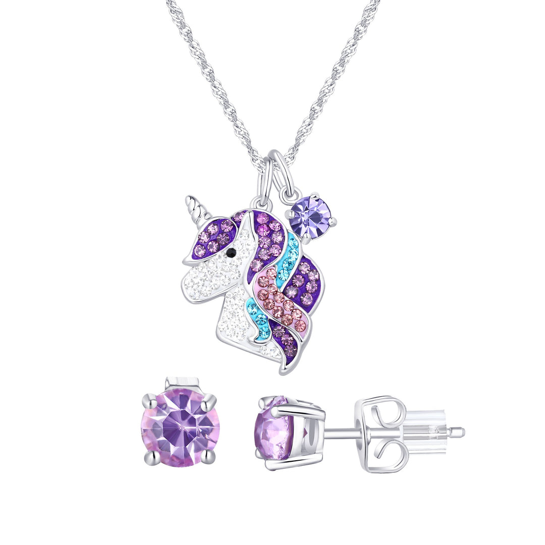 Sterling Silver Plated Brass Unicorn Pendant with Matching Studs set