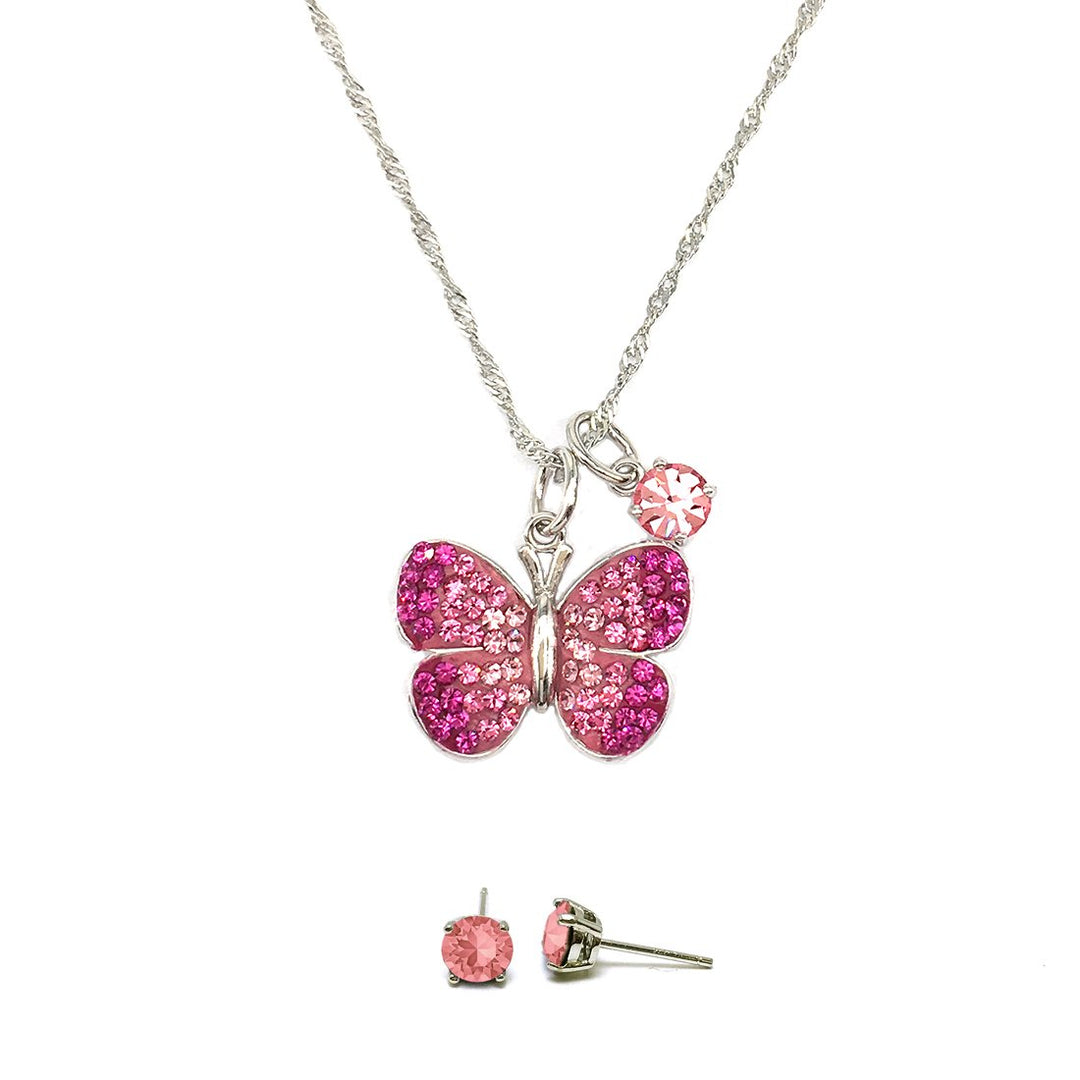 Sterling Silver Plated Brass Pink Butterfly Pendant Necklace with Matching Pink Studs set