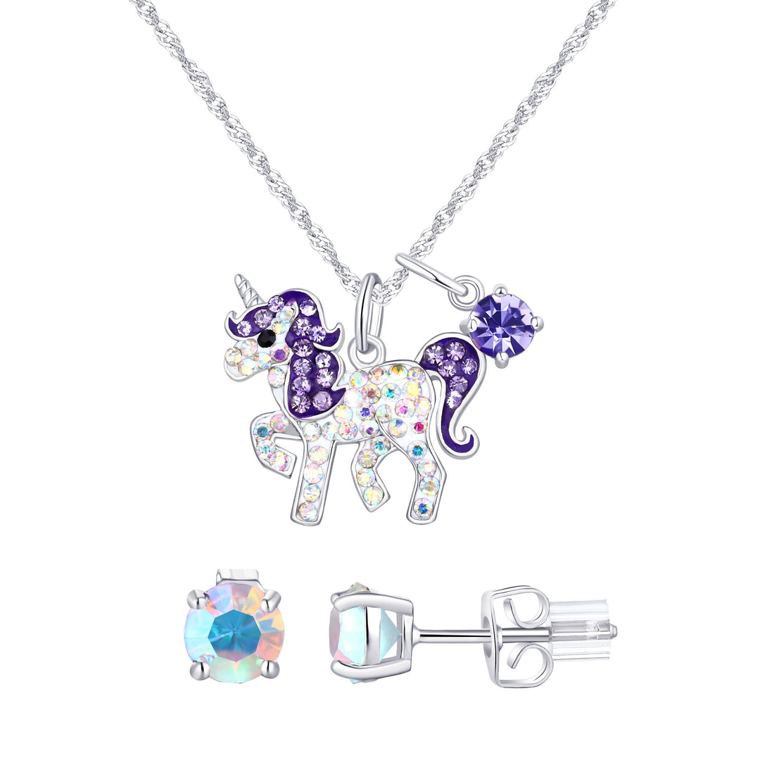 Sterling Silver Plated Brass Purple Unicorn Pendant Necklace with Matching White Studs set