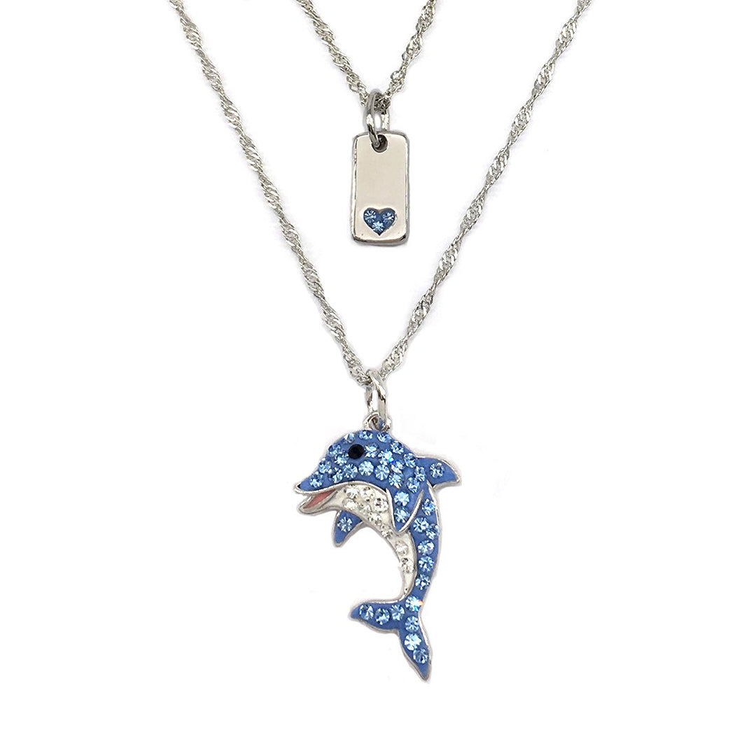 Sterling Silver Plated Brass Blue Dolphin and Tag Pendant Necklace