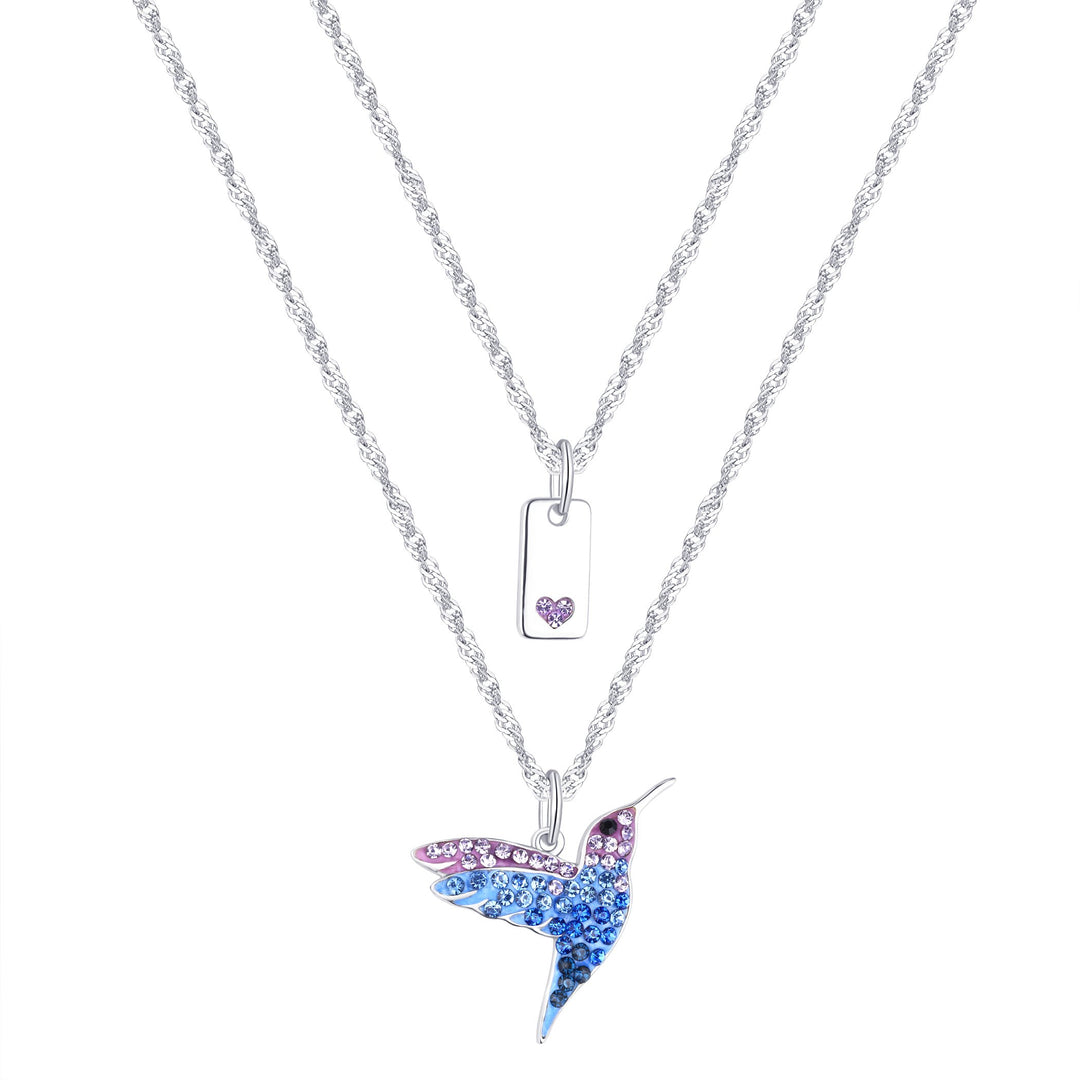 Sterling Silver Plated Brass Blue Hummingbird and Tag Pendant Necklace