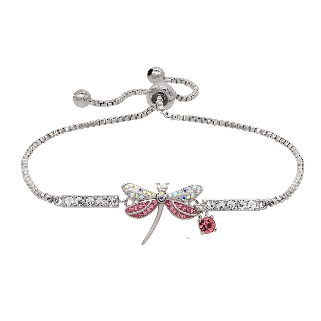 Sterling Silver Plated Brass Pink Dragon Fly Adjustable Bracelet