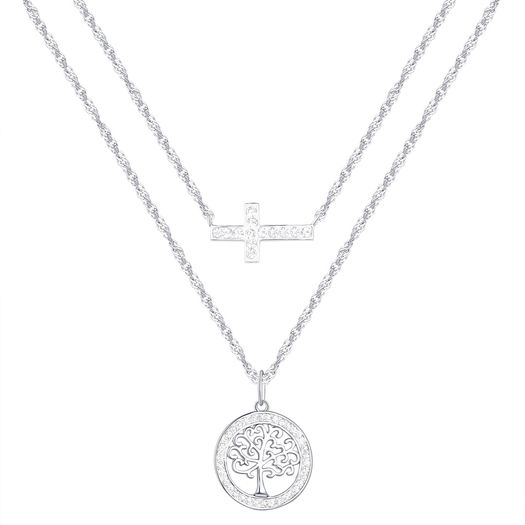 Sterling Silver Plated Brass Tree of Life and Cross Pendant Necklace