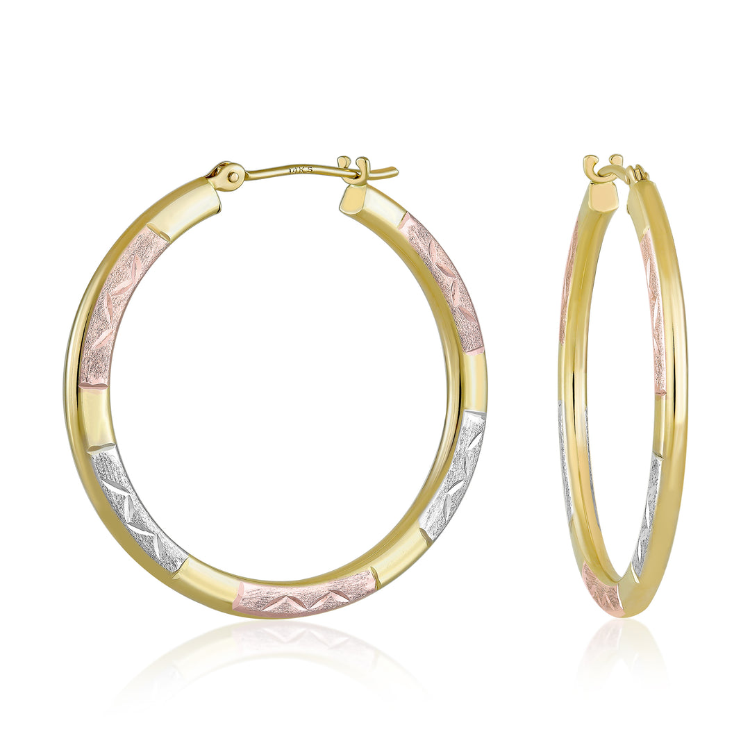 14K Tri Gold Etched Squared Hoop Earrings