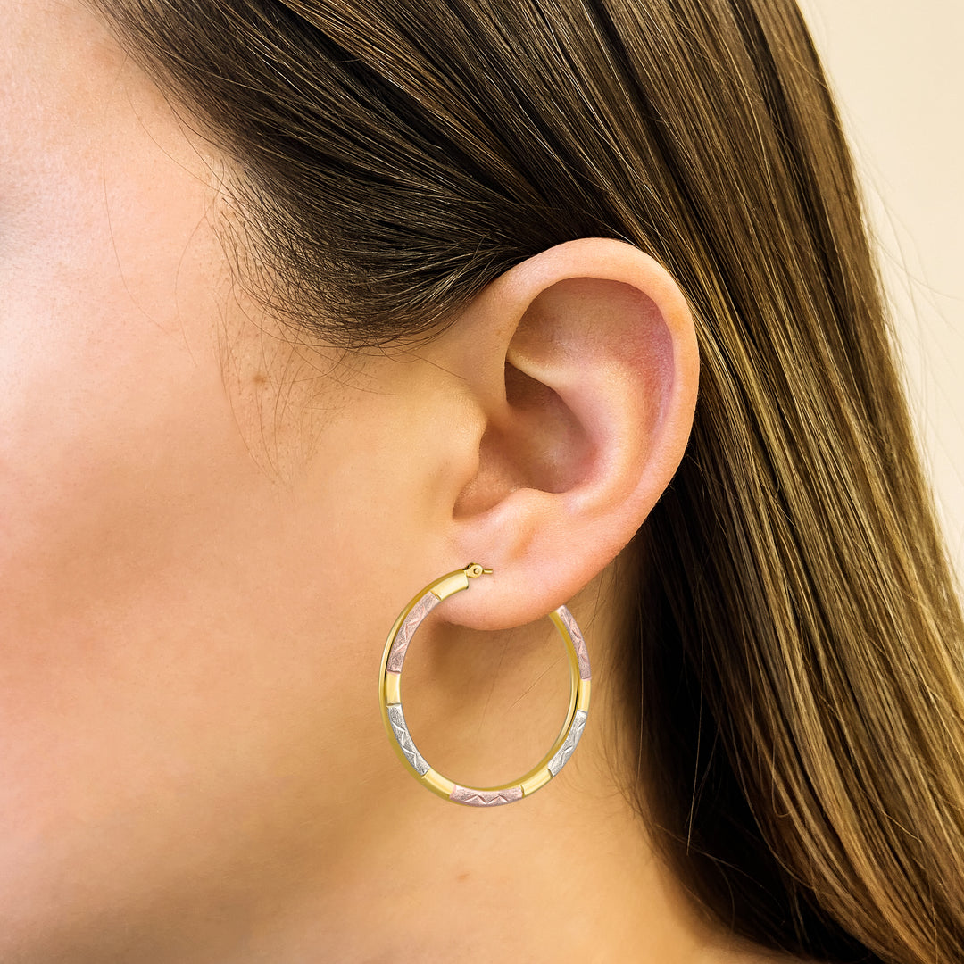 14K Tri Gold Etched Squared Hoop Earrings