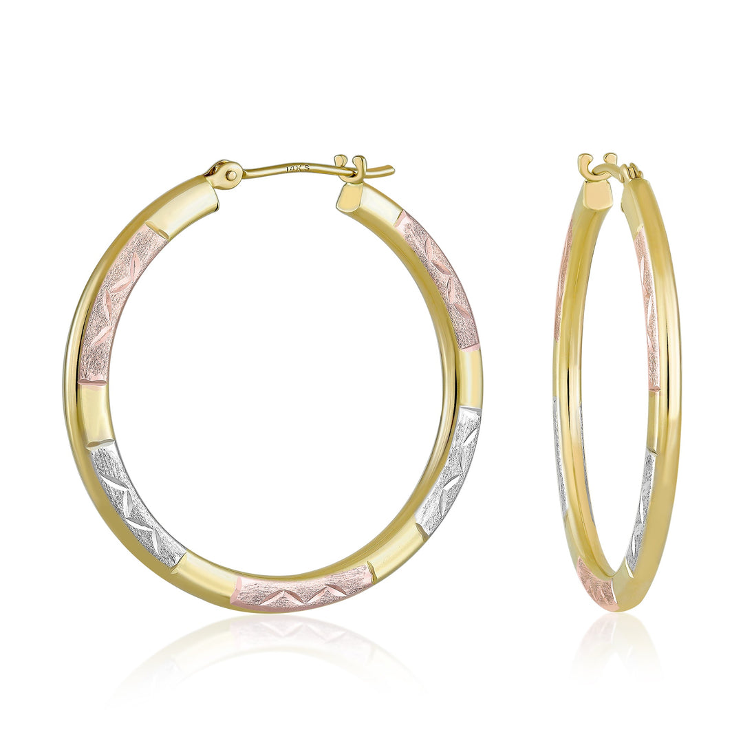 14K Yellow Gold Tri Color Hoop Earrings