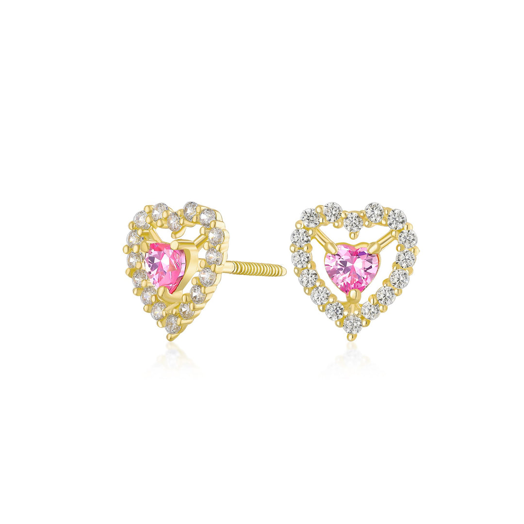 14K Yellow Gold Pink and White CZ Heart Pretty Earring Studs