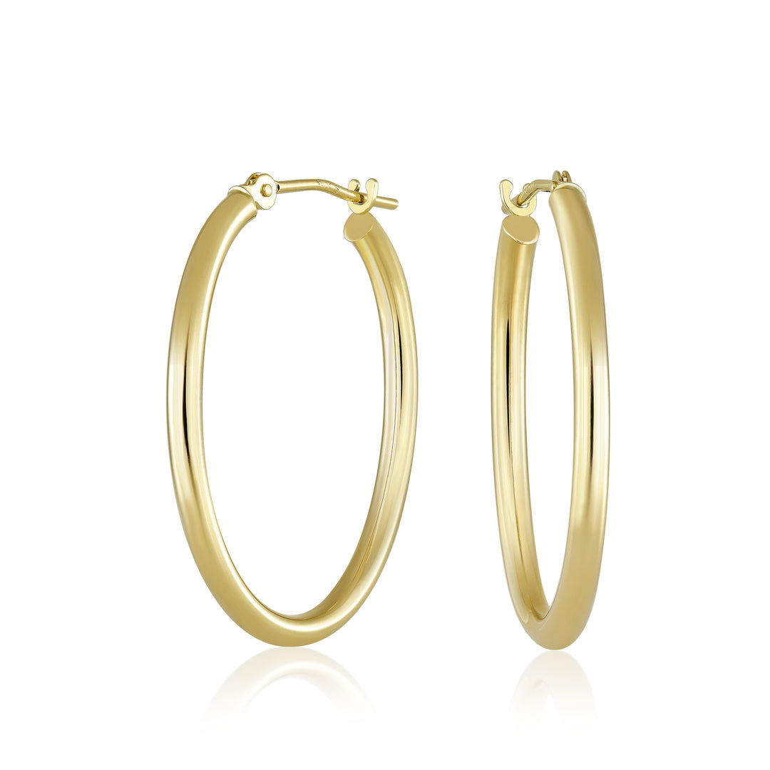 14K Yellow Gold Elongated Oval Hoop Earrings