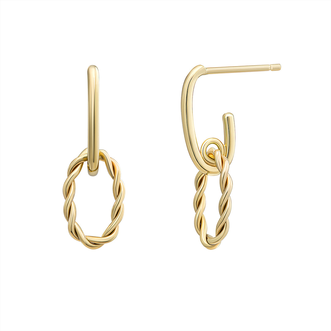 14K Yellow Gold Modern Drop Twist Hoop Earrings