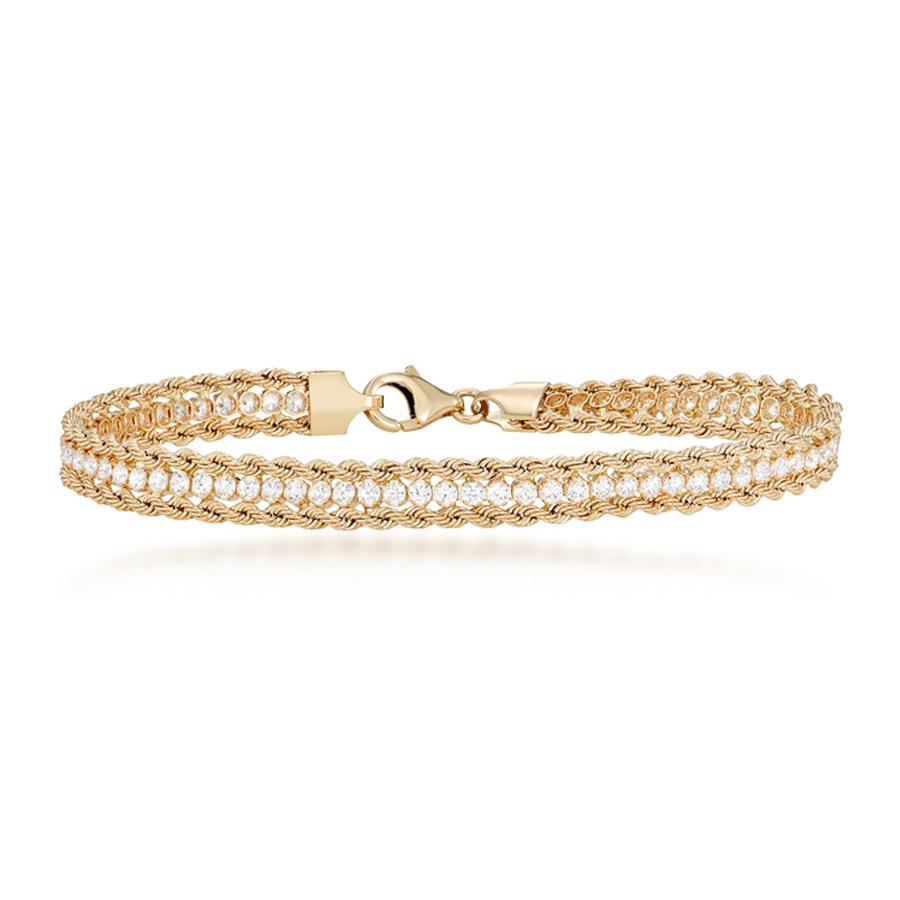 14K Yellow Gold Triple Row Rope Chain with CZ Statement Bracelet 8.5"