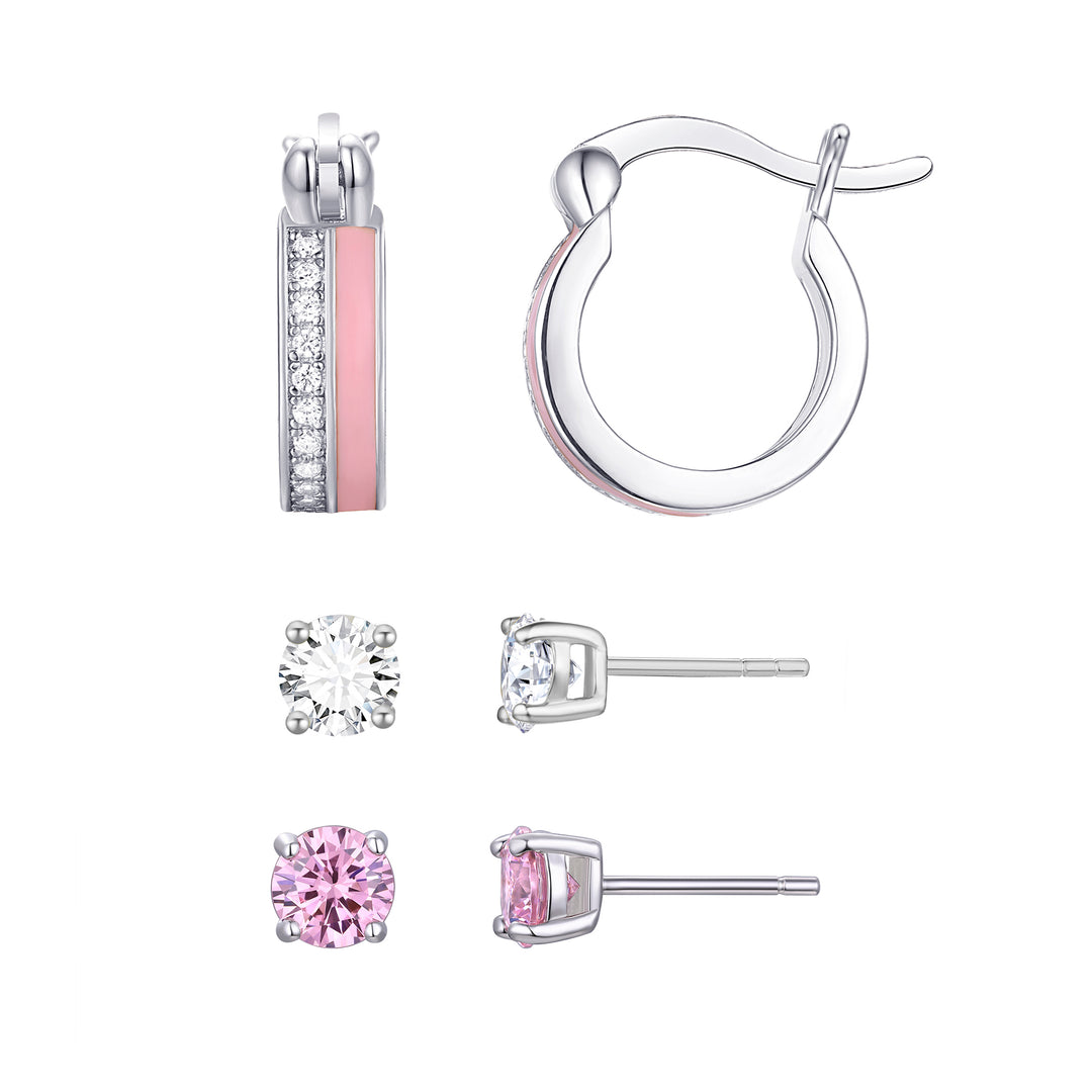 Sterling Silver Three Piece Enamel and CZ hoop with Stud Earring Set