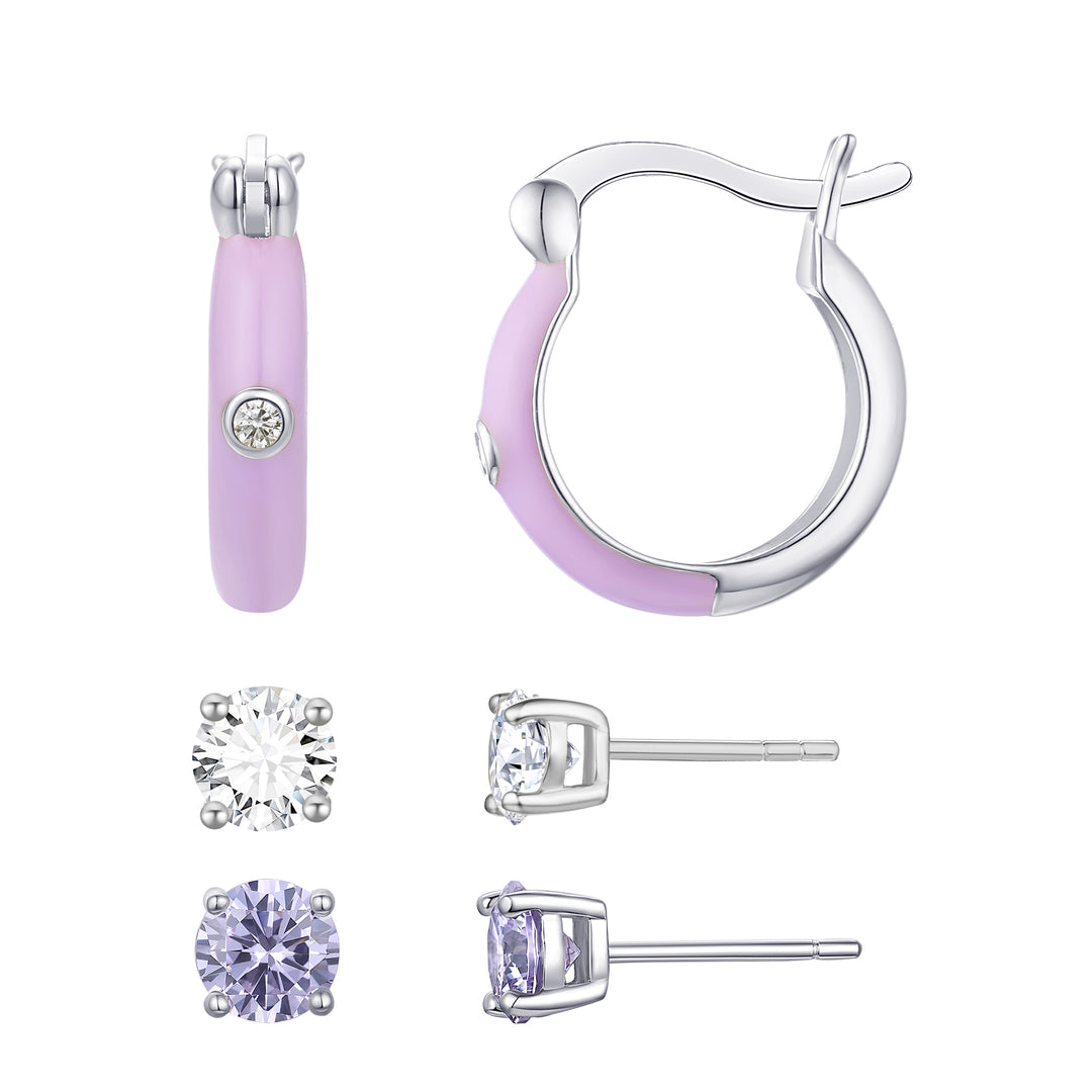 Sterling Silver Pastel Purple Enamel Hoop Earring Set