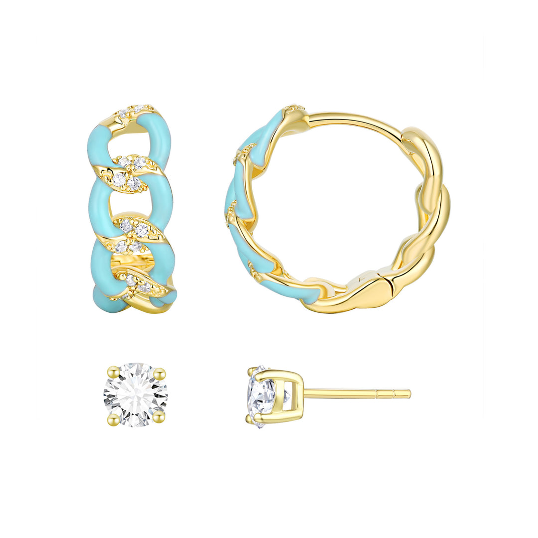 Sterling Silver Gold Plated Favorite Chain Link Blue Enamel Hoop and Stud Set