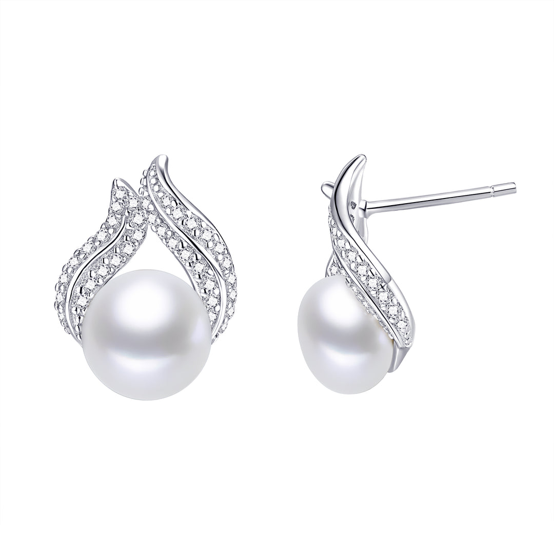 Sterling Silver Teardrop Shape CZ and Pearl Earrings