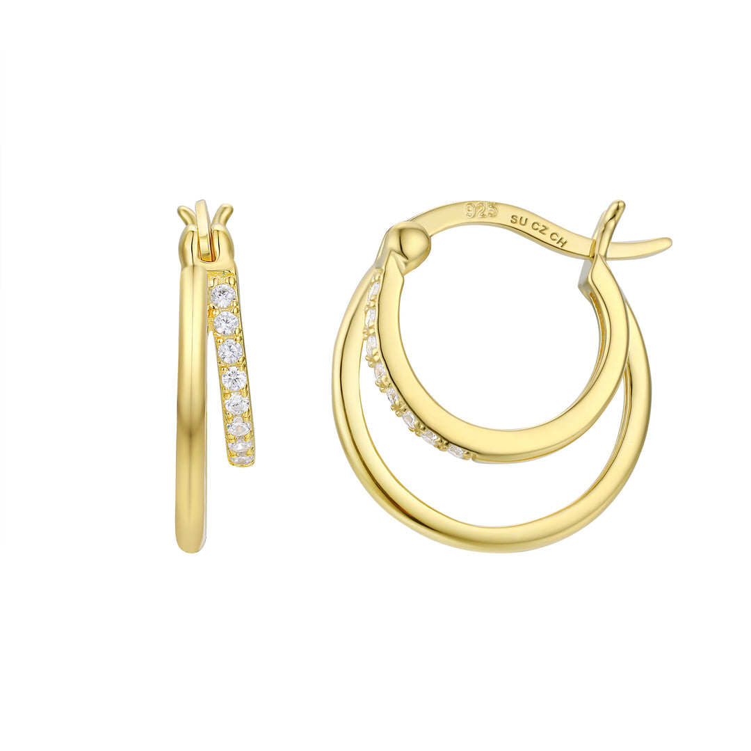 Gold Plated Double Hoop with CZ White Stone Earrings