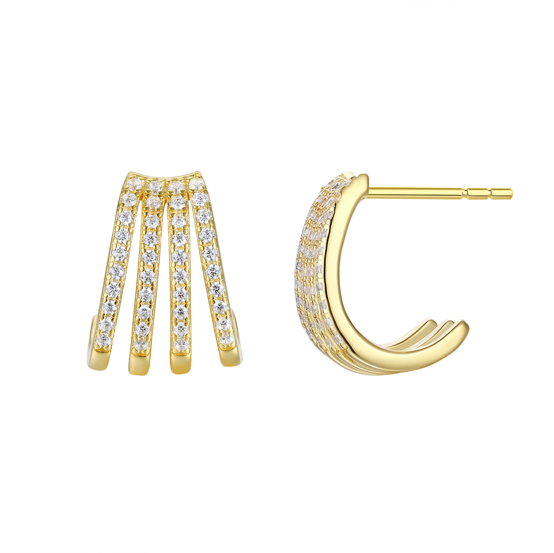 Layered Fan CZ Stones Gold Plated Hoop Earrings