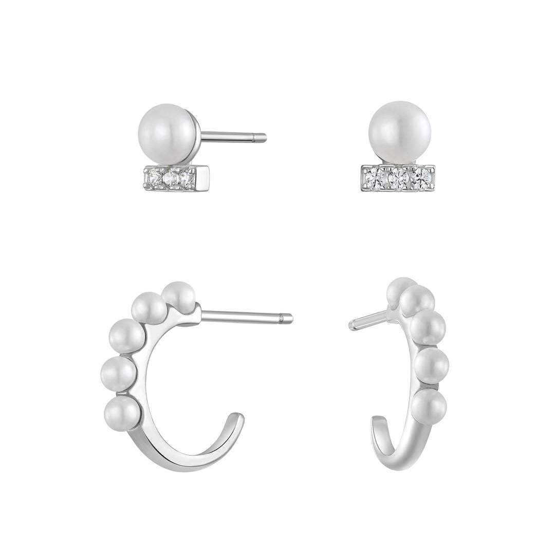 Sterling Silver Modern Pearl Bar Stud and  Half Hoop Earring Set