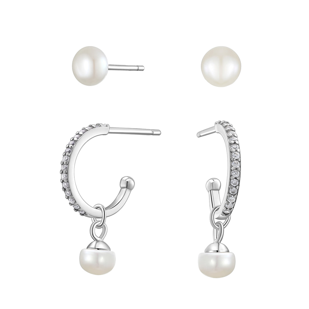 Sterling Silver Pearl Stud and Hoop Drop Earring Set