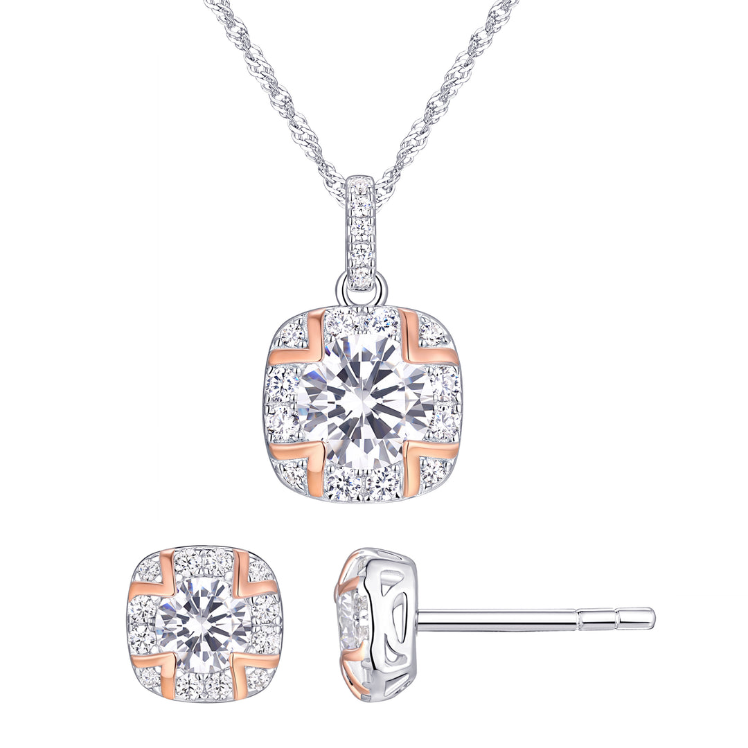 Sterling Silver with CZ Stone Cushion Cut Pendant and Earring Set