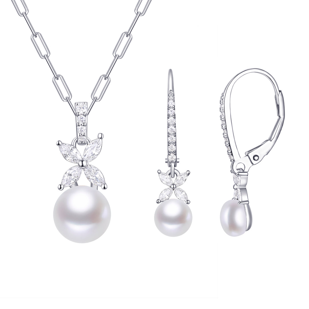 Sterling Silver Modern Pearl Pendant and Earring Set