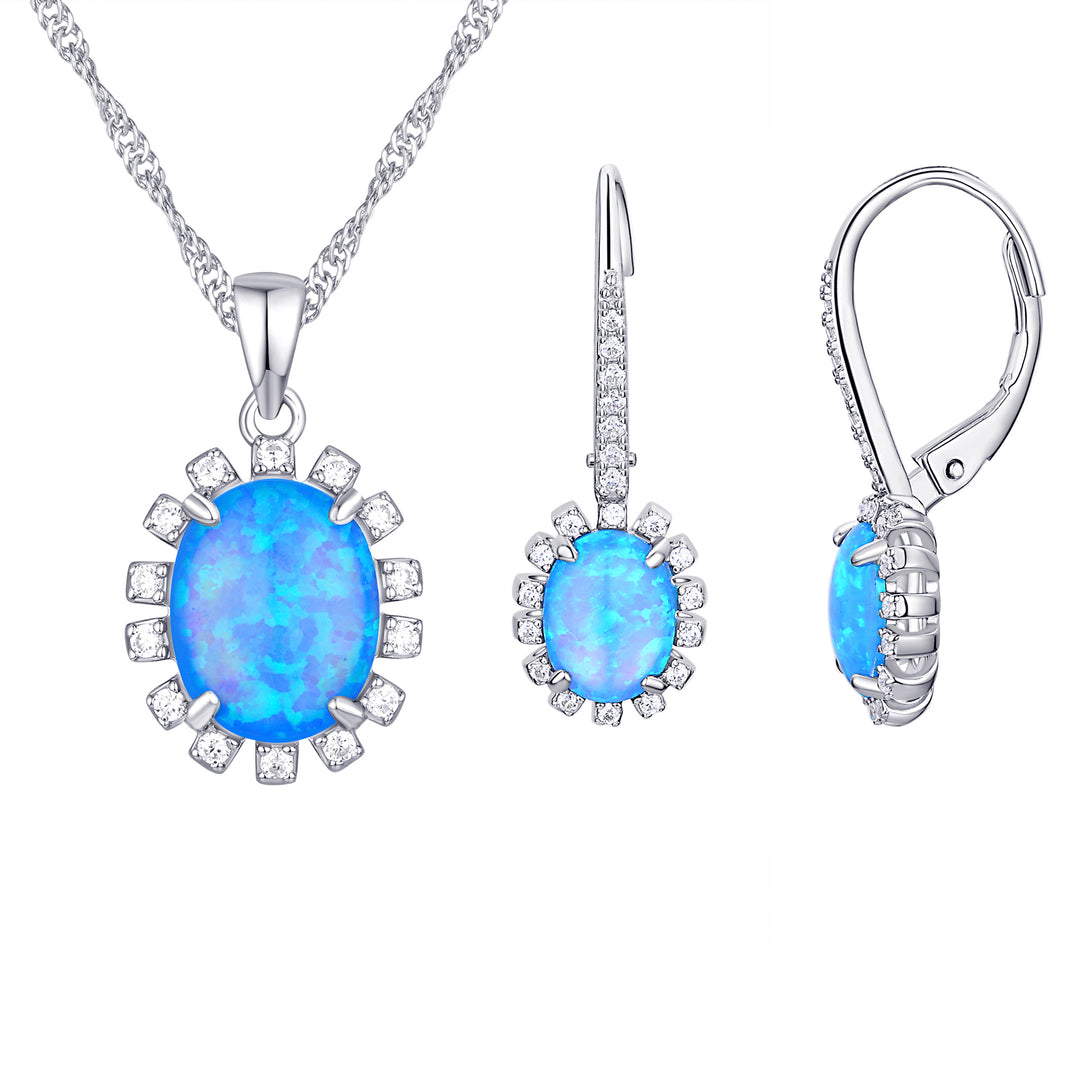 Sterling Silver Created Blue Opal Pendant and Earring Set