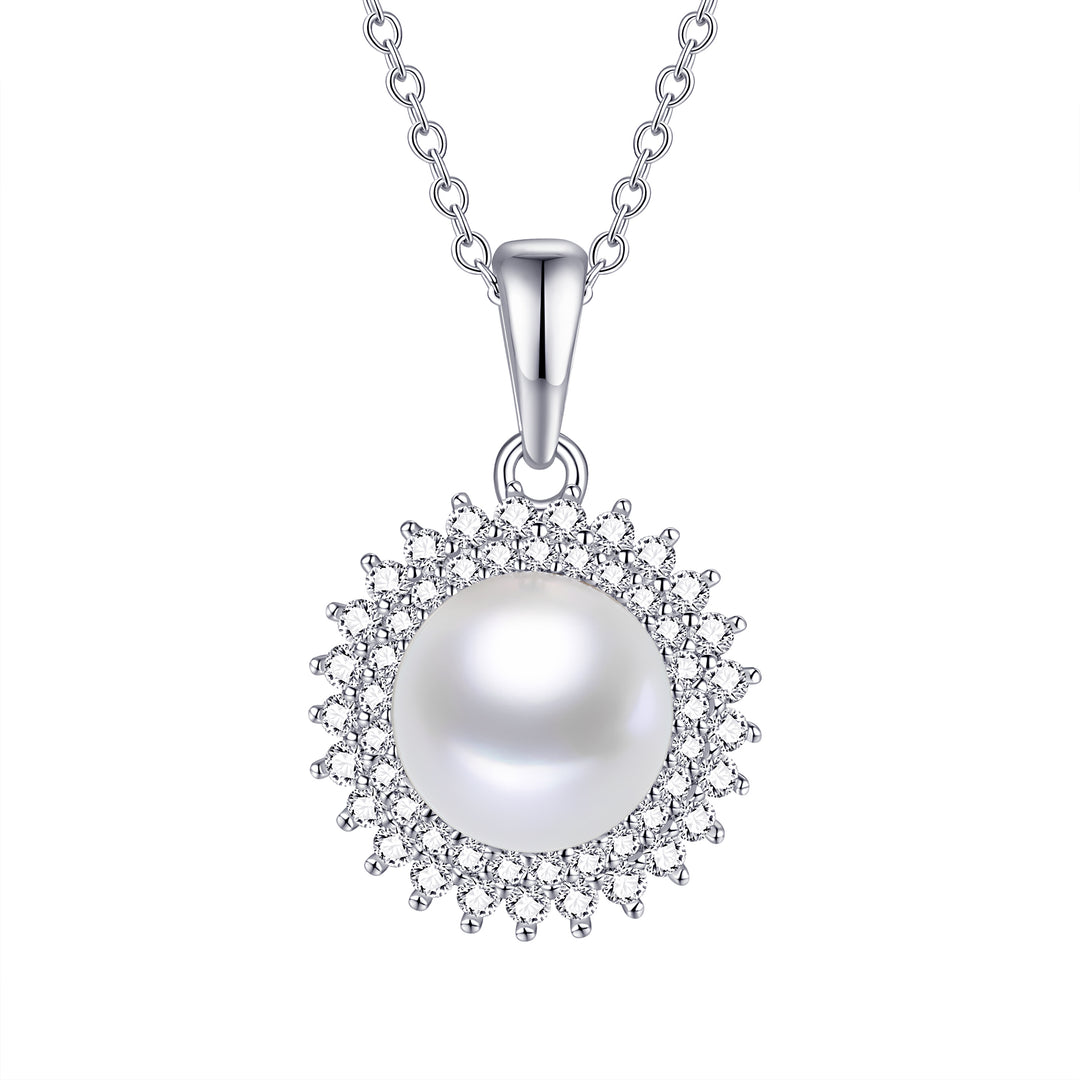 Sterling Silver Classic Pearl and CZ Pendant Necklace