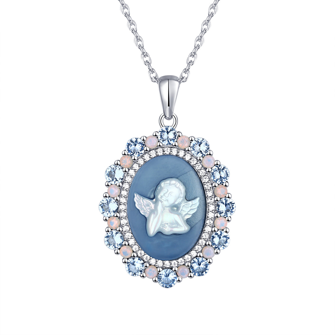 Blue Agate Cherub Angel Sterling Silver Pendant