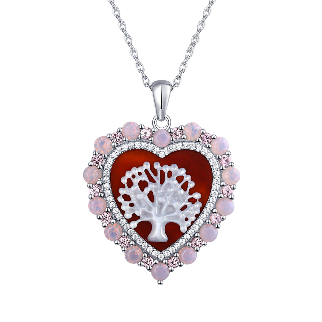 Pink Agate Tree of Life Sterling Silver Heart Pendant