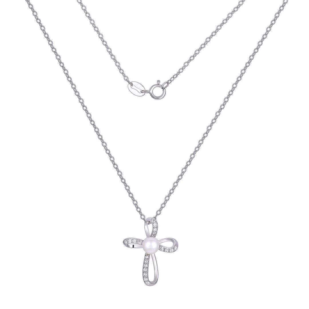 Sterling Silver Pearl Open Cross Pendant Necklace