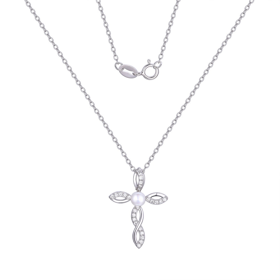 Sterling Silver Pearl CZ Cross Pendant Necklace