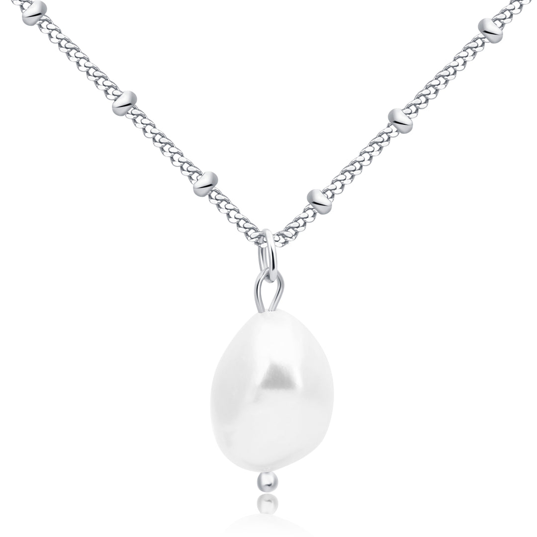 Sterling Silver Pearl Drop Pendant on Bead Necklace