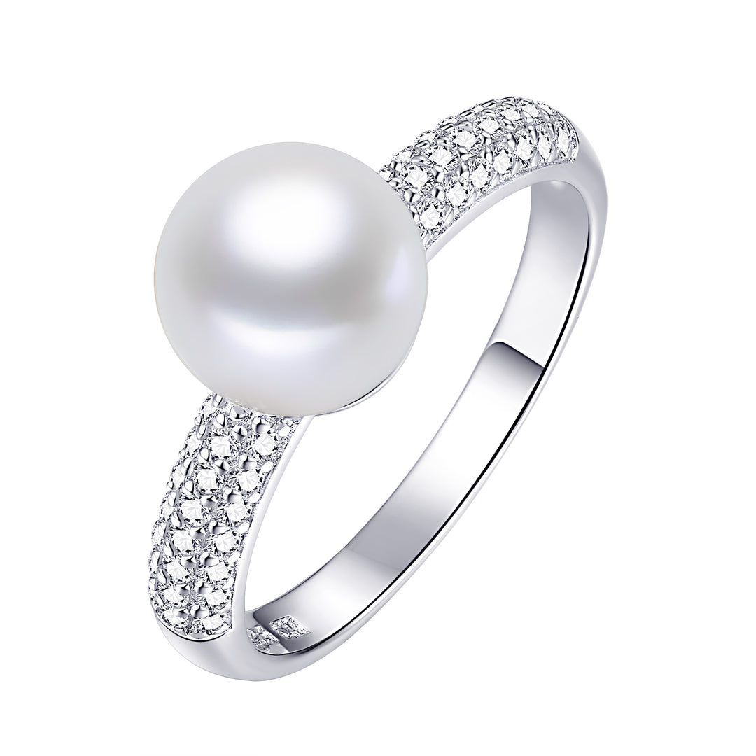 Pearl and Pave CZ Sterling Silver Ring